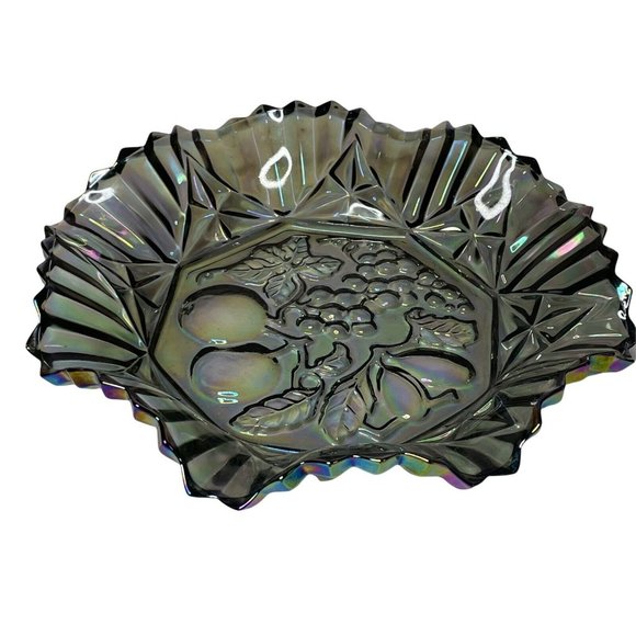 Vintage Smoky Ruffled Carnival Glass Candy Dish Bowl Grapes Cherries 10.25 in - Picture 3 of 5